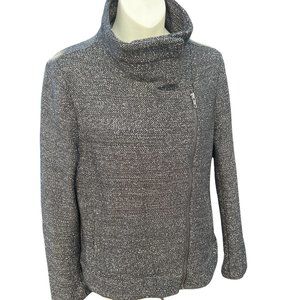 Ann Taylor Loft Moto Blazer Jacket Tweed Knit Front Zipper Black/White Size M